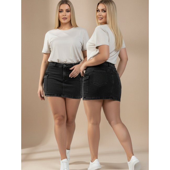 Saia Mini Curto Jeans KIRIDAS JEANS Cargo Curta Clássica de Cintura Alta com Bolsos Laterais Gringa Chic