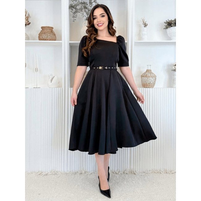 Vestido Midi Social Elegante Decote Quadrado Assimétrico de Festa Convidada Preto