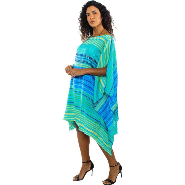 Vestido Kaftan Saída Amplo Crepe Acetinado Estampado Listra Verde Azul