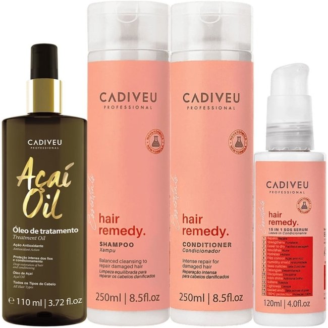 Kit Cadiveu Essentials Hair Remedy Shampoo Condicionador Leave-in Sérum e Açaí Oil 110 (4 produtos)