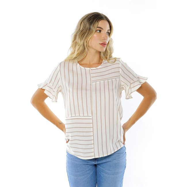 Blusa Listrada Feminina em Viscose Manga Curta Sob Bege