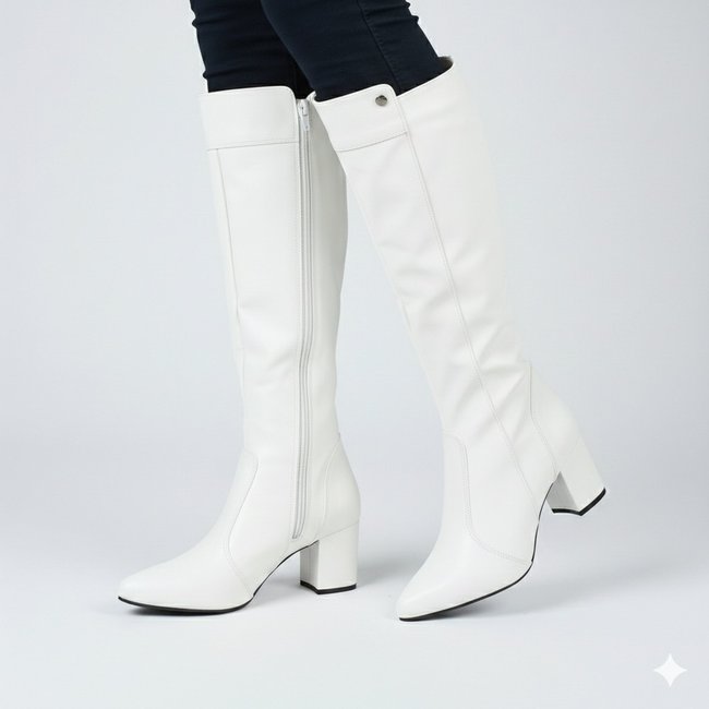 Bota Feminina Montaria Lirom Cano Alto Salto Grosso Bico Fino Branca