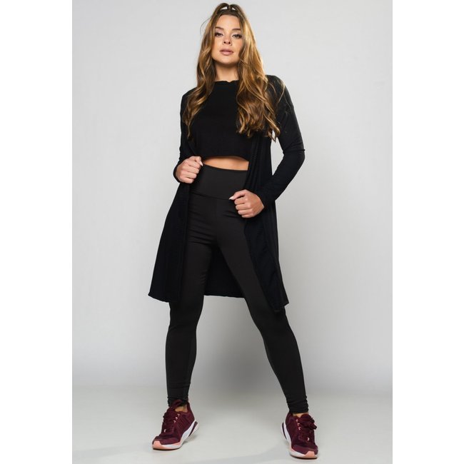 Cardigan MVB Modas Canelado Feminino Kimono Blusa de Frio Preto