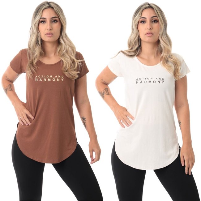 Kit 2 Blusa Feminina Academia Action Marrom e Marfim