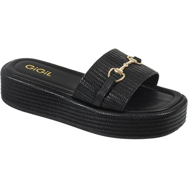 Sandália Feminina GiGiL Tamanco Flatform Plataforma Enfeite Bridão Metalizado Confortável Estilosa Preto