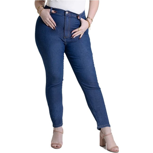 Calça Jeans Feminina Sawary Plus Size Reta Azul Escuro