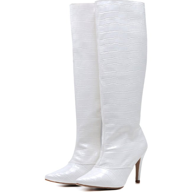 Bota Feminina Salto Fino Cano Alto 1715 Craquelê Branco