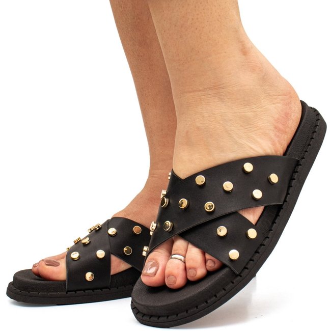 Sandália Papete Flatform Rasteirinha Preto Enfeite Metalizado Brilho