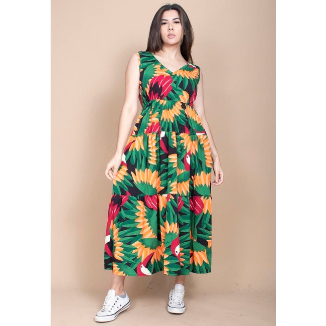 Vestido Cabanafree Regata Longo Peri Viscose Camadas Estampa Festas dos Tucanos