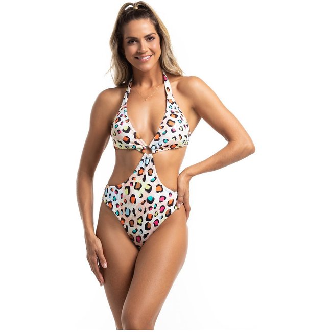 Maiô Feminino Cut Out Estampa Animal Print Colorida com Recortes