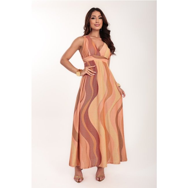 Vestido longo Ícone Fashion Solare em Lurex estampa Golden Flow Reveillon Praia Festas