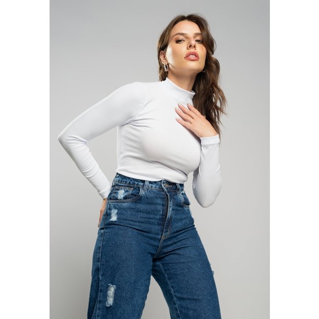 Blusa Salvatore Gola Alta Manga Longa Malha Canelada Branca
