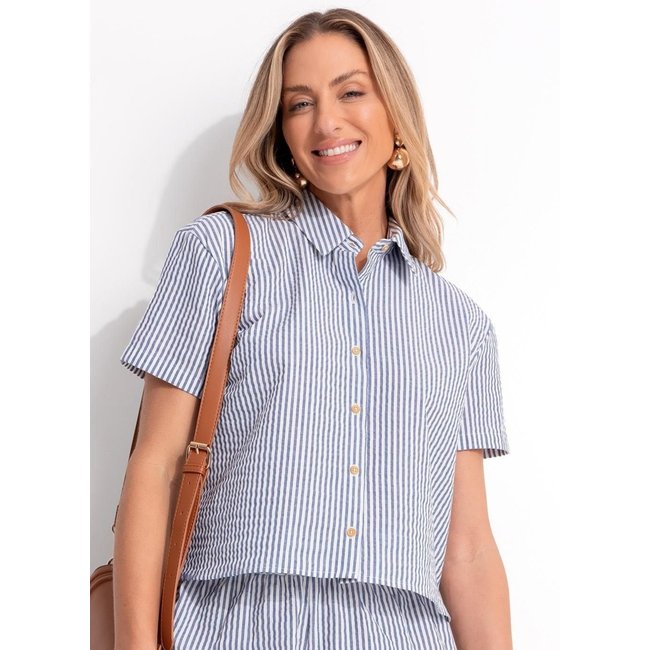 Camisa Em Tecido Anarruga Fio Tinto Listrado Azul Quintess