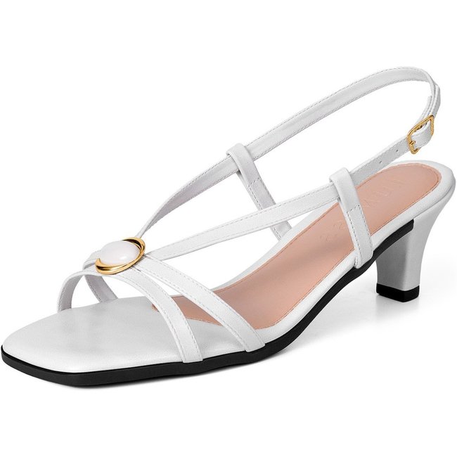 Sandália Feminina Lumiss Salto Baixo Fino Confortável Bico Quadrado Enfeite Pedra Fivela Off White