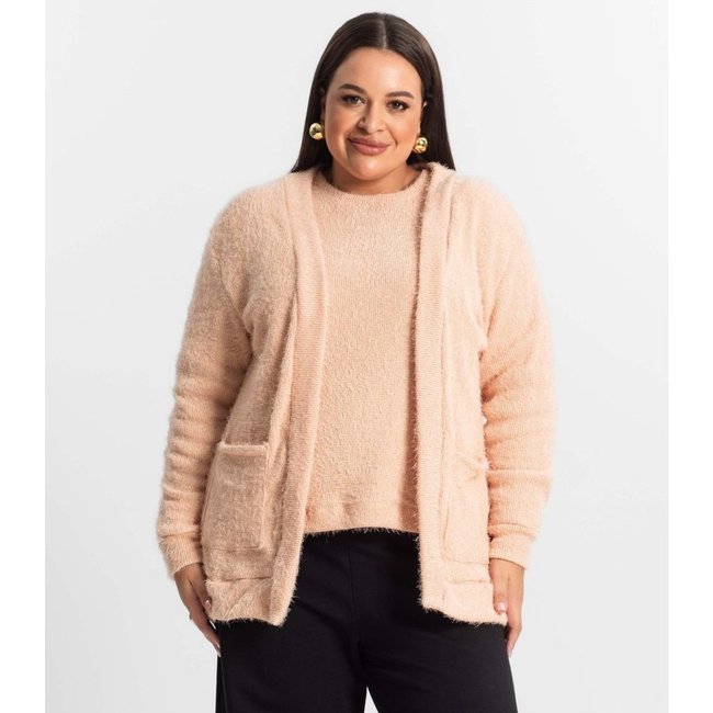 Cardigan Feminino Plus Size Em Tricot Secret Glam Rosa