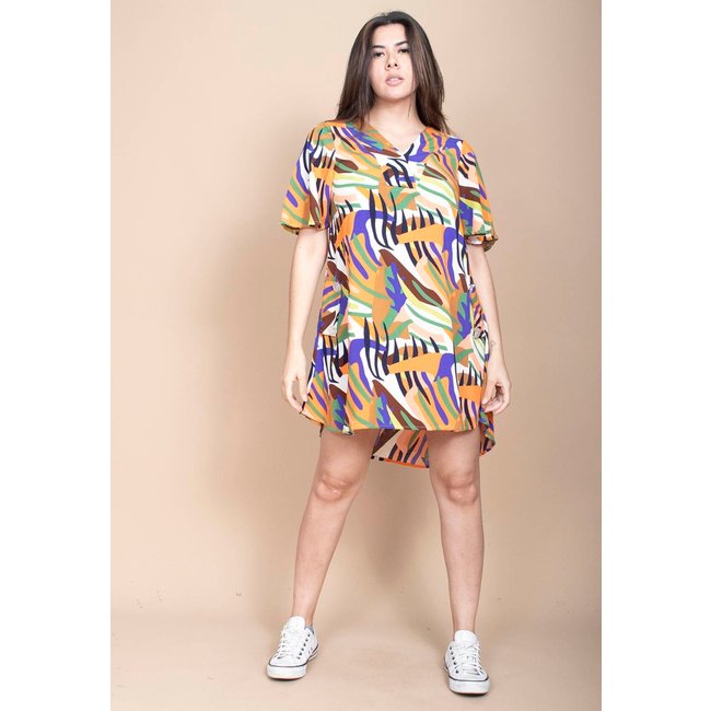 Vestido Cabanafree Curto Pataxô Viscose Mullet Decote V Estampa Cores Vibrante