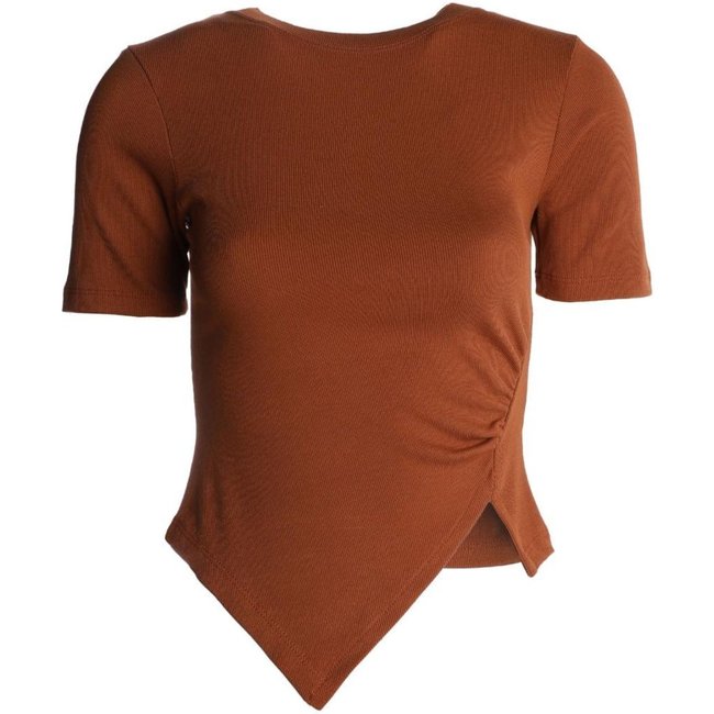 Blusa Franzida Assimétrica Manga Curta Feminina MARROM