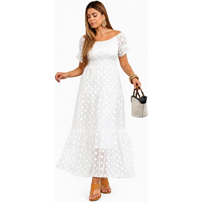 Vestido Longo D Bell Outlet Poá Branco