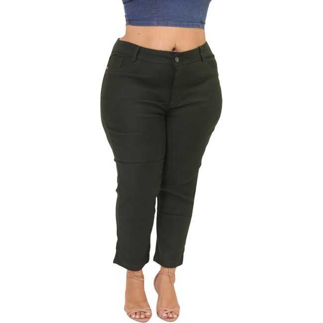 Calça Capri Feminina Jeans Light Plus Size Verde Escuro Sarja