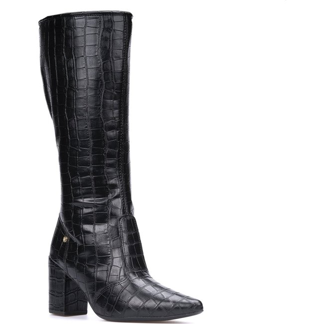 Bota Feminina Domidona Cano Alto Longo Animal Print Salto Alto Grosso Preto