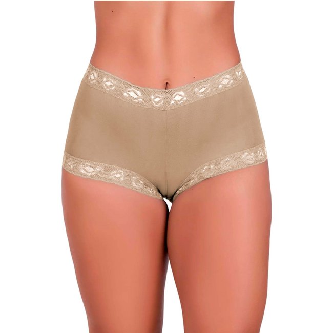 Tanga Gabi Lingerie Shortinho Poliamida Cintura Alta Detalhes em Renda Sensual Bege