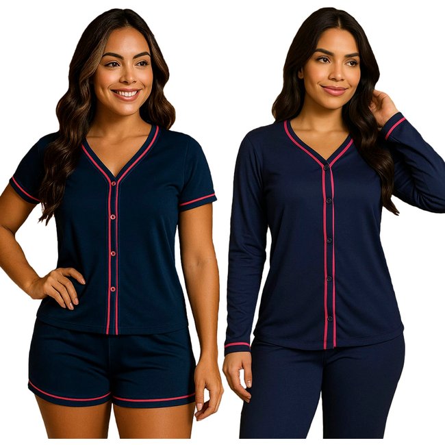 Kit 2 Pijamas Gabi Lingerie Estilo Blogueira Manga Curta e Manga Comprida Modelagem Perfeita Elegante Moda Feminina Marinho