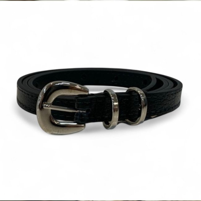 Cinto Feminino em Couro Fivela Prata Redonda 001 Preto