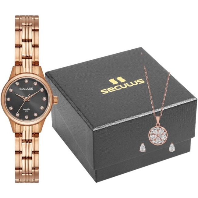Kit Relógio Seculus Feminino Cristais Rosé com Colar e Brincos Seculus