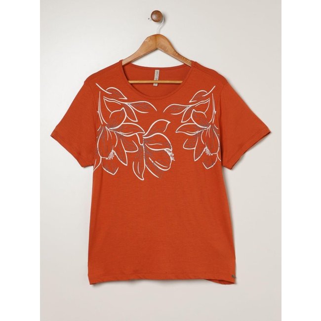 Blusa Silk Floral Manga Curta Plus Size Feminina MARROM
