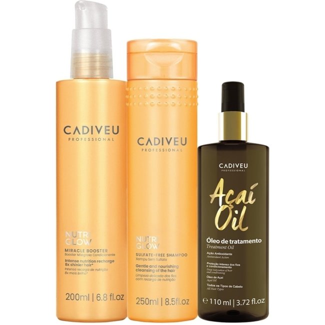 Kit Cadiveu Professional Nutri Glow Booster Fluído de Tratamento Pré Shampoo Açaí Oil 110 e Shampoo (3 produtos)
