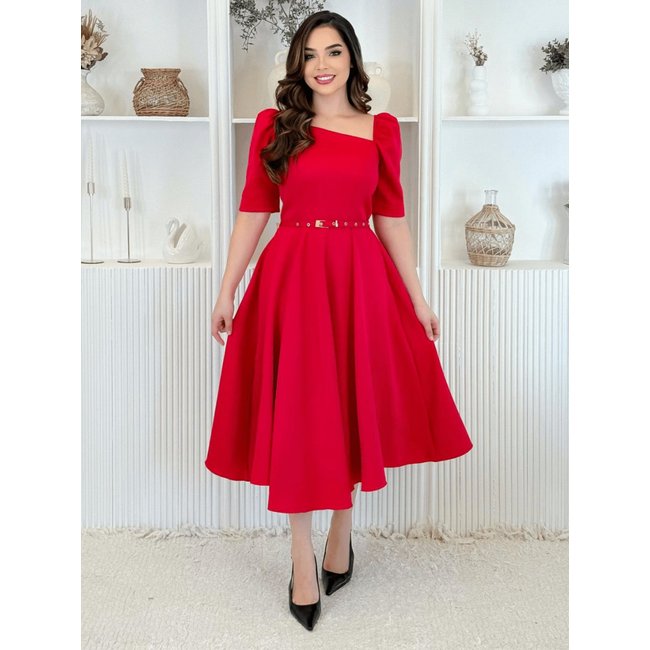 Vestido Midi Social Elegante Decote Quadrado Assimétrico de Festa Convidada Vermelho