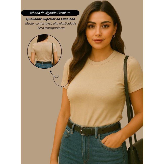 blusa feminina camiseta casual bege basica ribana canelado algodão premium