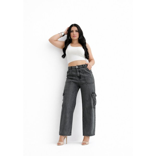 Calça Jeans D Bell Outlet Fashion Wide Leg Cinza