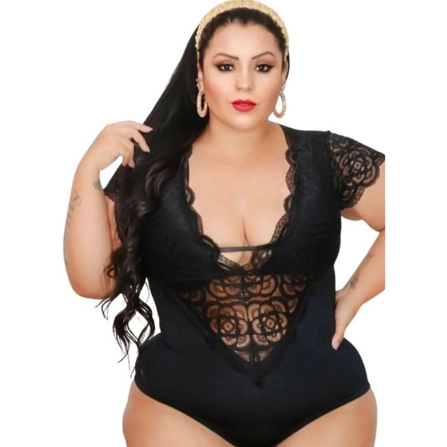 Body Summer Body Renda Decotado Manga Curta Rendado Bojo Collant Plus Size Preto