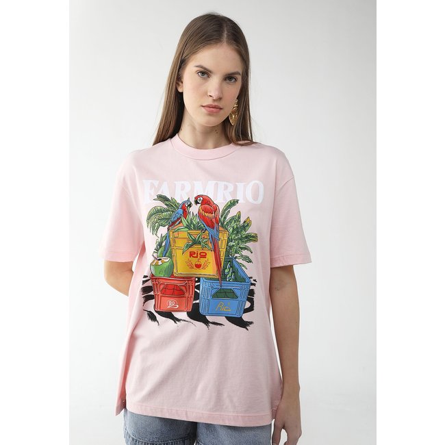 Camiseta Feminina FARM Estampa Tropicais Rosa Claro