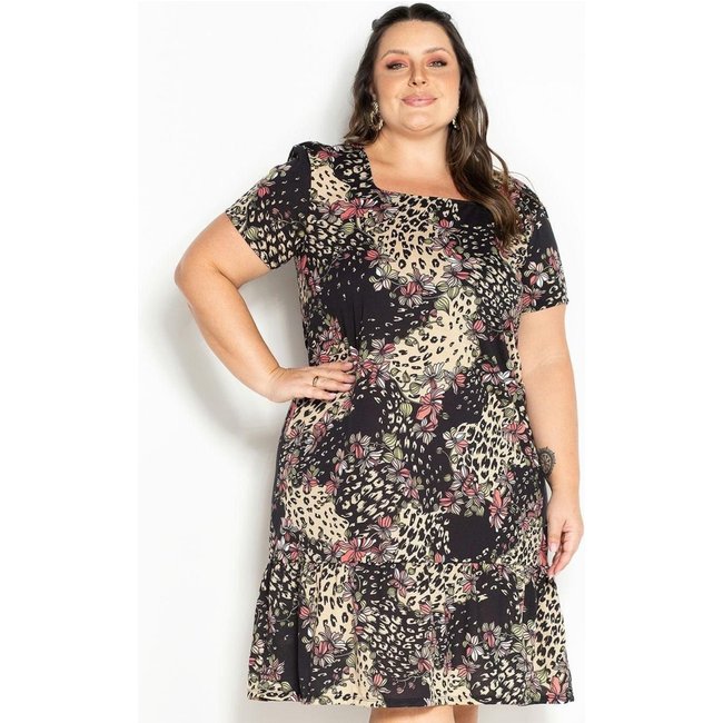 Vestido Com Babado Plus Size Animal Print Marguerite