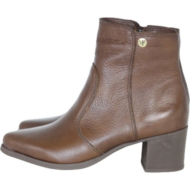 Bota Feminina Bico Fino Cano Curto Couro Salto em Bloco Baixo Camel Spinelli
