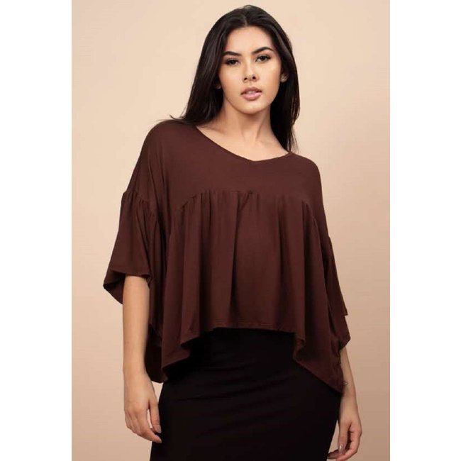 Blusa Bata Fulô Babado Malha Marrom