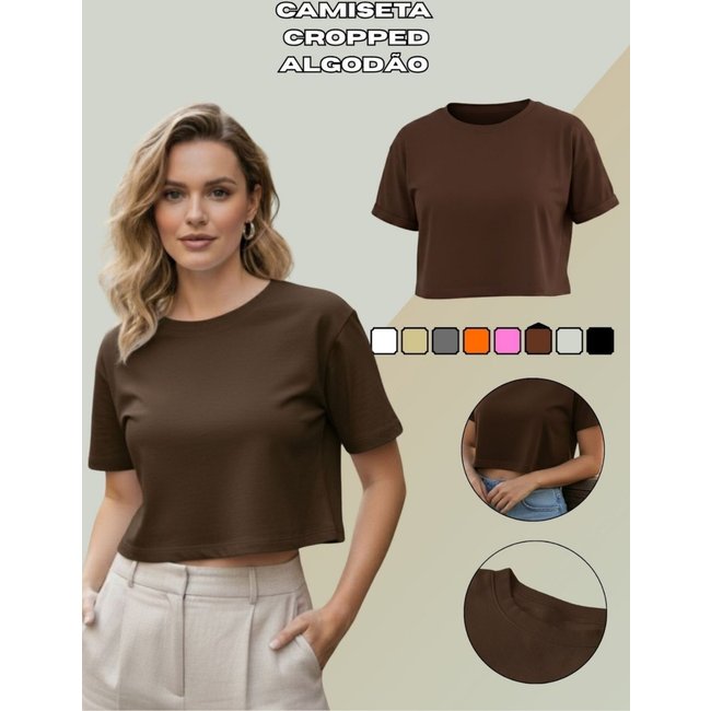 Camiseta Cropped Malha Premium Corte Moderno Marrom