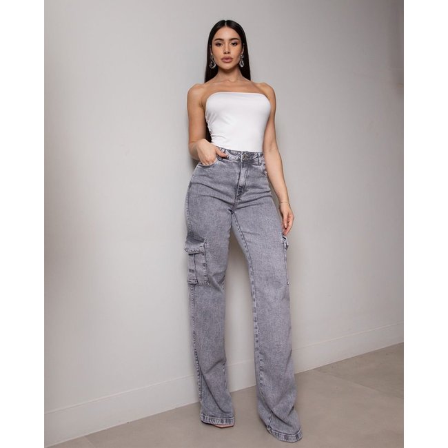 Calça Jeans Wide Leg Feminina Cintura Alta Cargo com Elastano 22999 Cinza Consciência