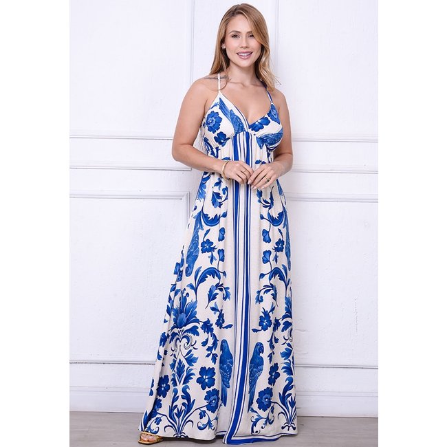 Vestido Maria – Longo com Decote nas Costas Estampado Azul