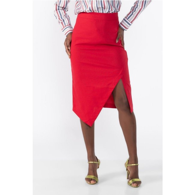 Saia midi assimetrica lacream em linho Vermelho