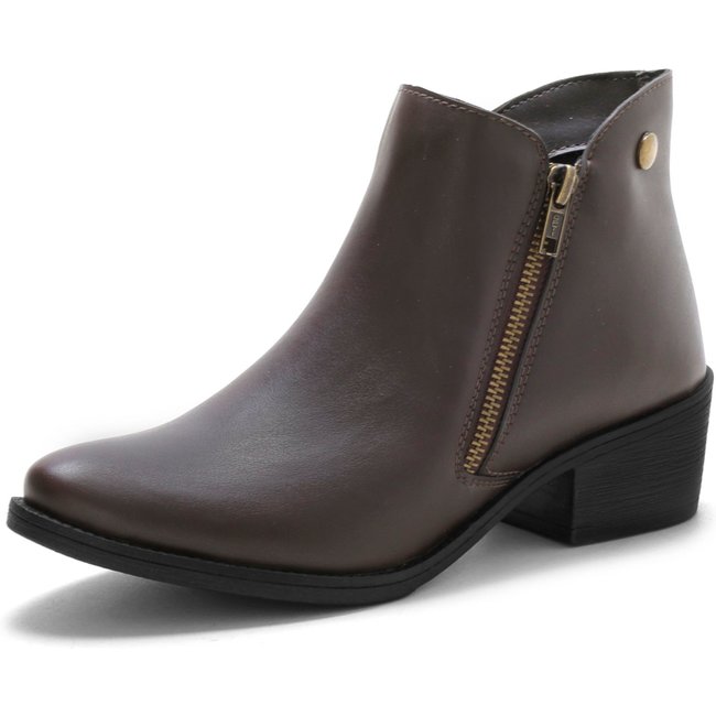Bota Feminina RR Botas Com Metal Zíper Lateral Chelsea Salto 4cm Baixo Country Coturno Confortável Cano Curto Café Marrom