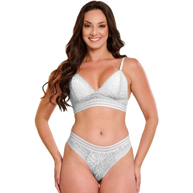 Conjunto Rendado Gabi Lingerie Poliamida Elástico Sutiã Sem Bojo Calcinha Renda Branco