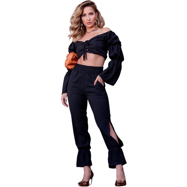 Conjunto Layla Cropped e Calça Amarração Preto