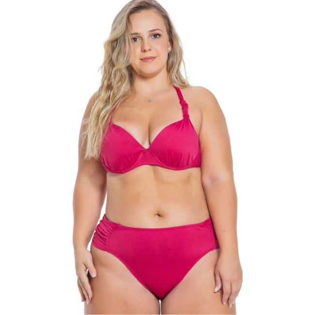 Biquini Plus Size Orla da Praia com Bojo Meia Taça e Calcinha Drapeada Rosa Escuro