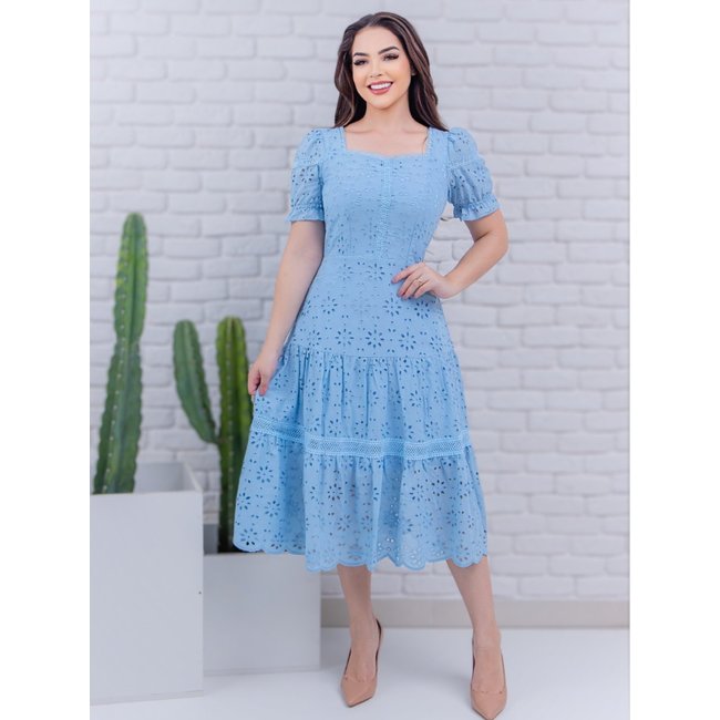 Vestido Midi Rodado Malha Lese Algodão Evangélico Festa Azul