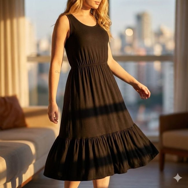 Vestido Midi Feminino Rechsul Sem Mangas Babados Preto