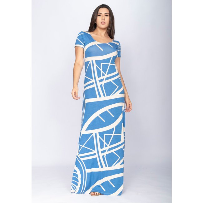 Vestido CabanaFree Longo Malha Gola Canoa Manga Curta Estampa Lagoa Botânica