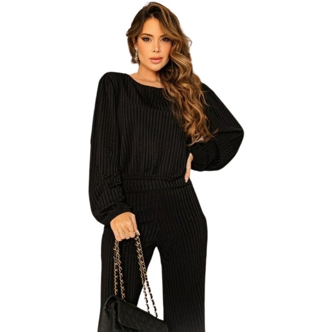 Conjunto Canelado Virginia Calça e Cropped Manga Longa Preto